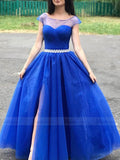 Simple Sparkly Royal Blue Long Prom Dresses with Slit FD1625
