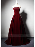 Simple Strapless Burgundy Velvet Prom Dresses Long FD1621