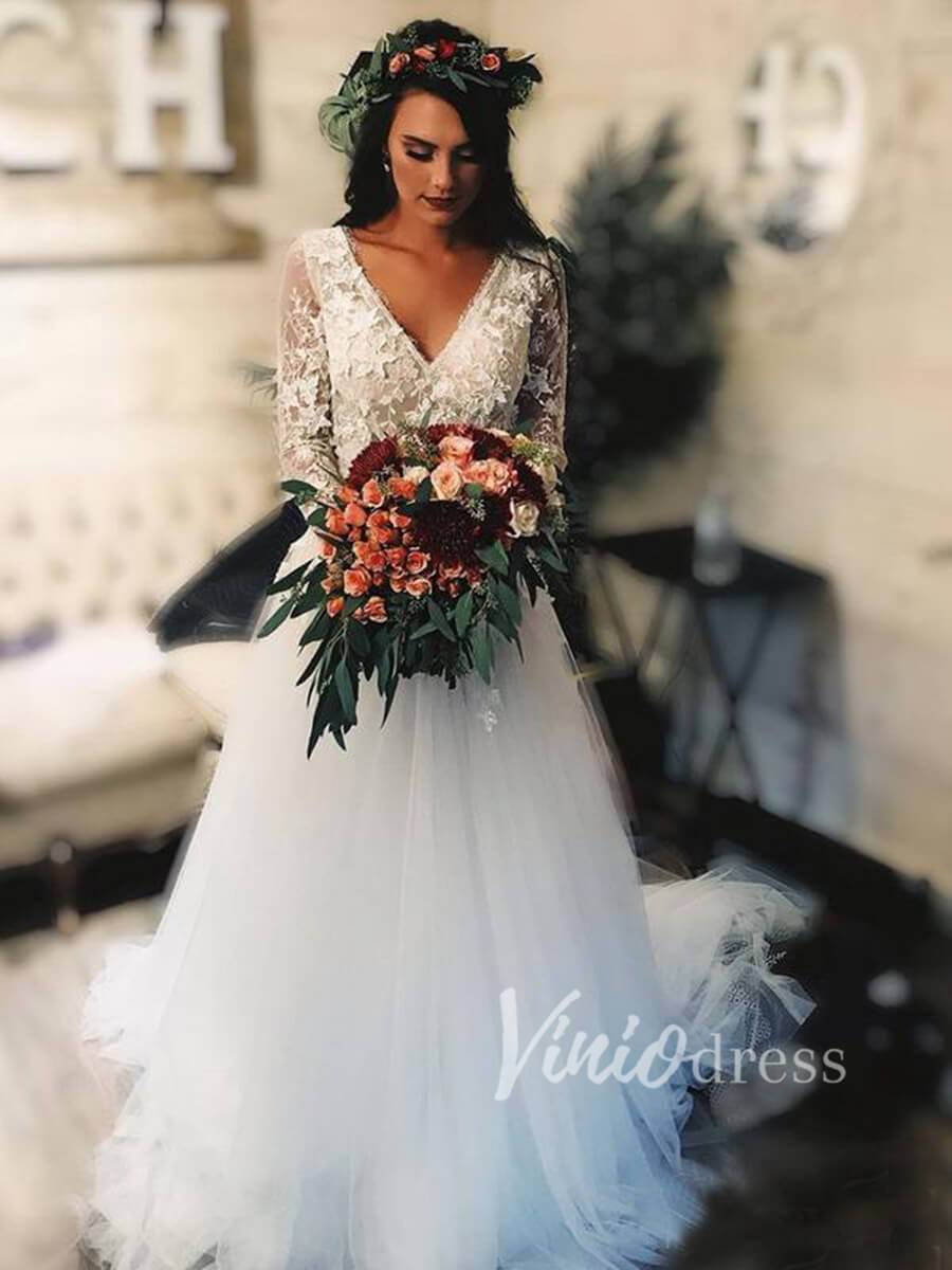 Simple V Neck Beach Wedding Dresses Lace VW1182-wedding dresses-Viniodress-Ivory-Custom Size-Viniodress