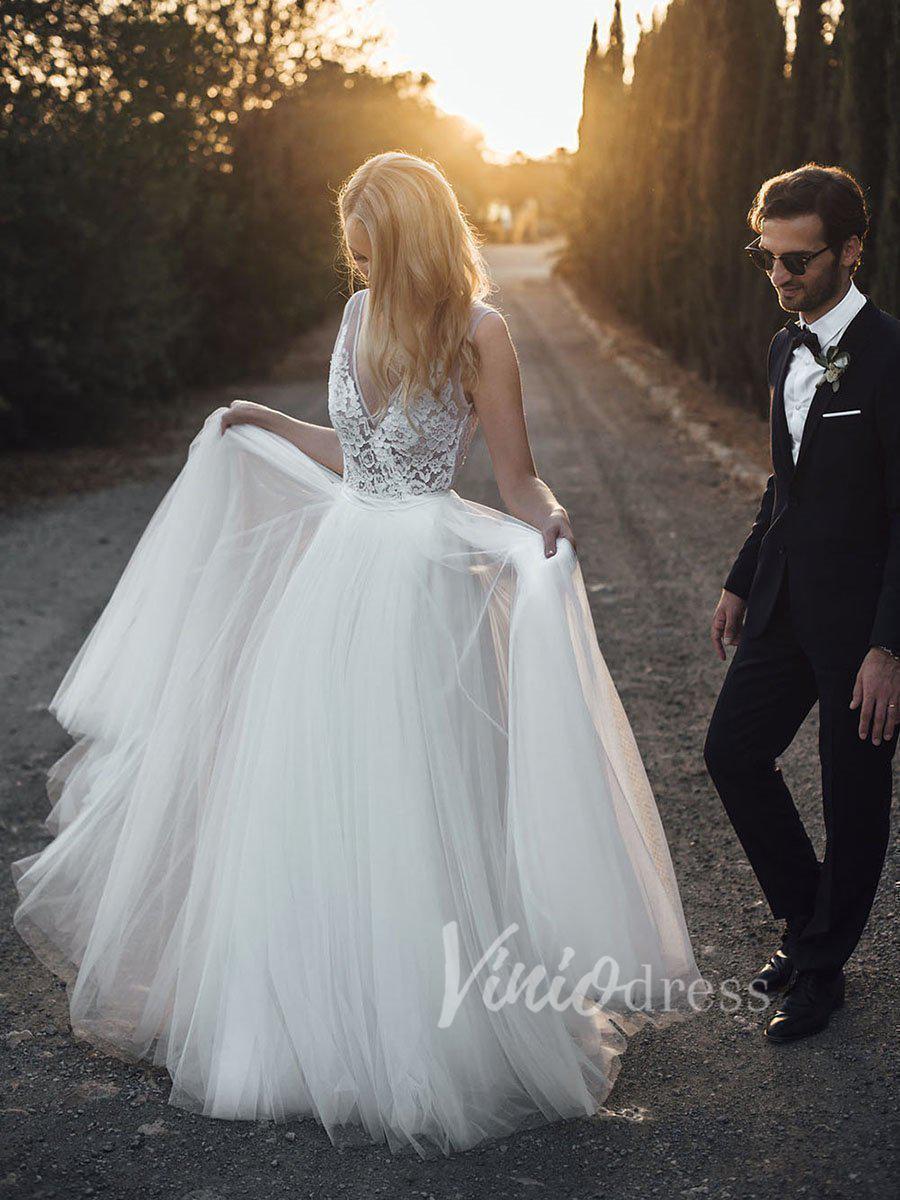 Simple V Neck Boho Wedding Dresses Backless Rustic Wedding Gowns VW1218-wedding dresses-Viniodress-Ivory-Custom Size-Viniodress