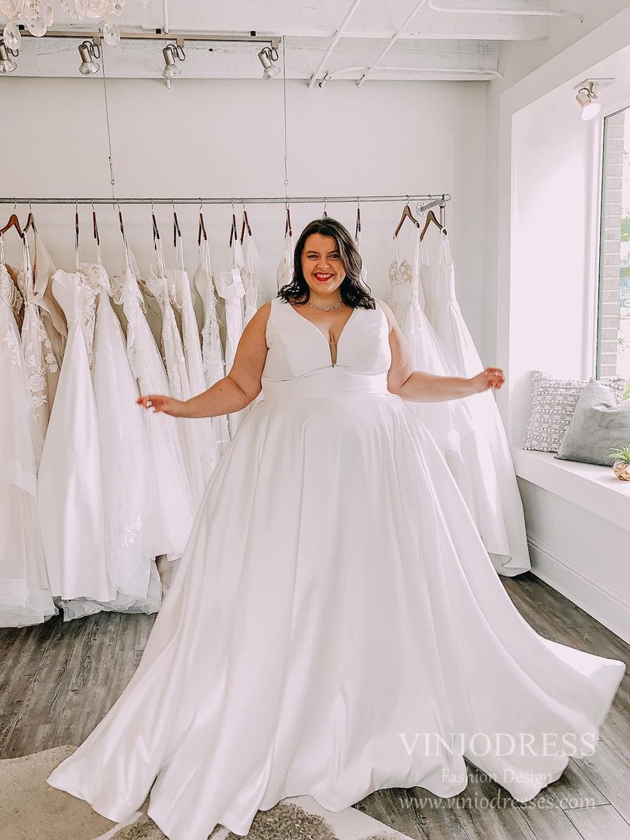 Simple V-Neck Plus Size Satin Wedding Dresses with Pockets VW1848-wedding dresses-Viniodress-Ivory-Custom Size-Viniodress