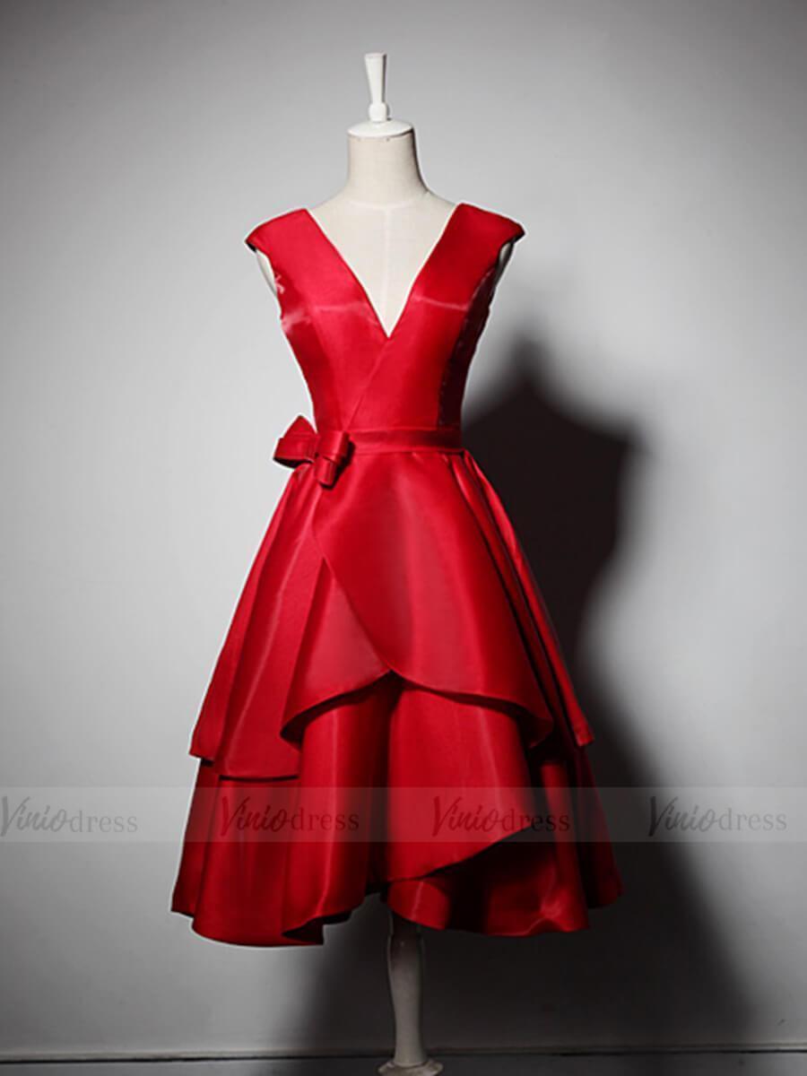 Simple V Neck Red Graduation Dresses Knee Length Hoco Dress SD1210-homecoming dresses-Viniodress-Red-Custom Size-Viniodress