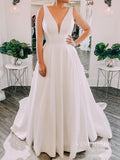 Simple V-neck Minimalist Wedding Dresses Satin Bridal Gown VW1567