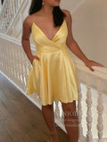 Simple Yellow Spaghetti Strap Homecoming Dresses with Pockets SD1282