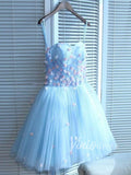 Sky Blue Cute Homecoming Dresses Pink Floral Dress SD1151
