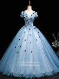 Sky Blue Short Sleeve Ball Gown Prom Dress Sweet 15 Dress FD1036