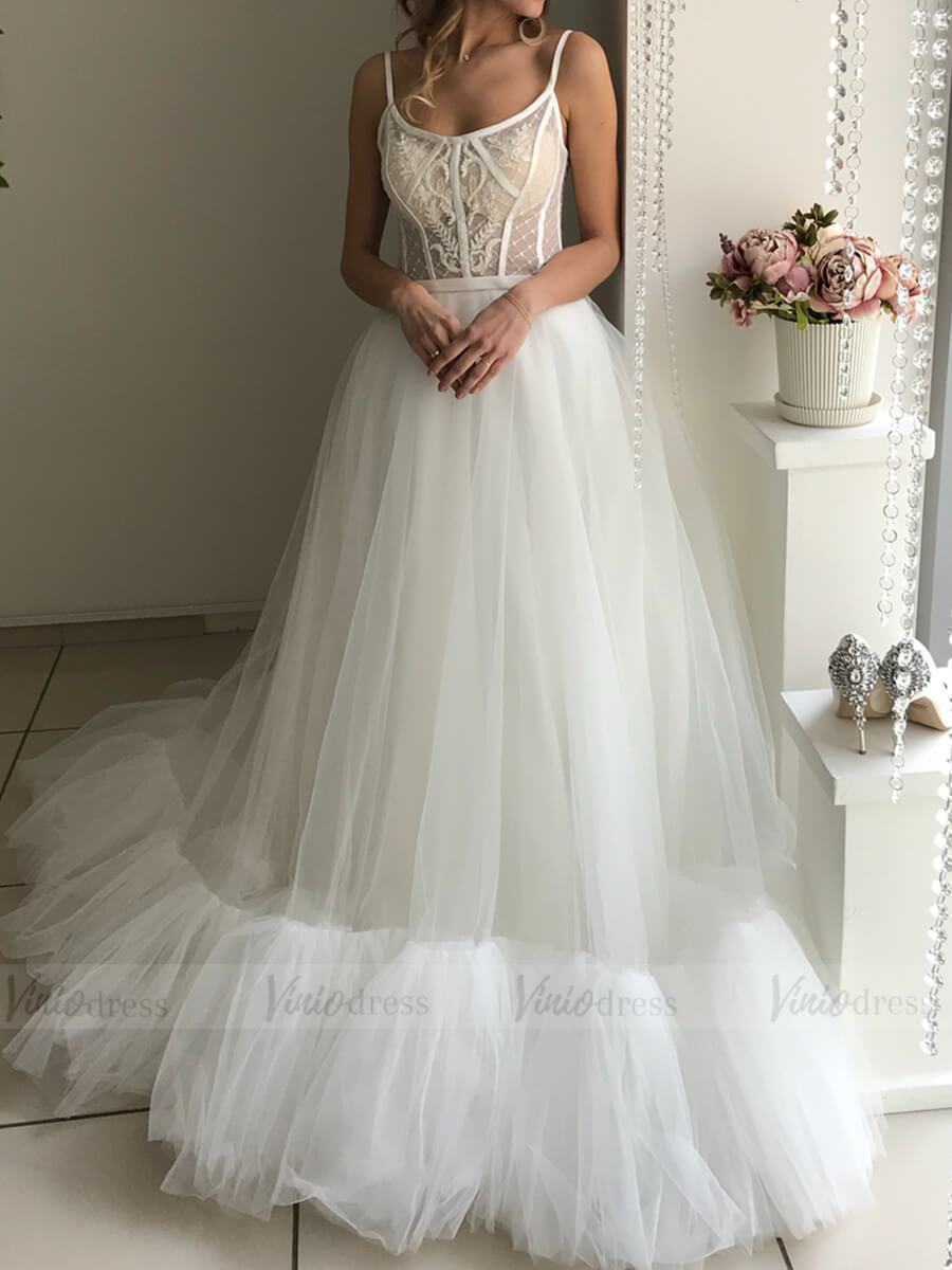 Spaghetti Strap Beaded Fluffy Tulle Boho Wedding Dresses 2019 VW1339-wedding dresses-Viniodress-Ivory-Custom Size-Viniodress