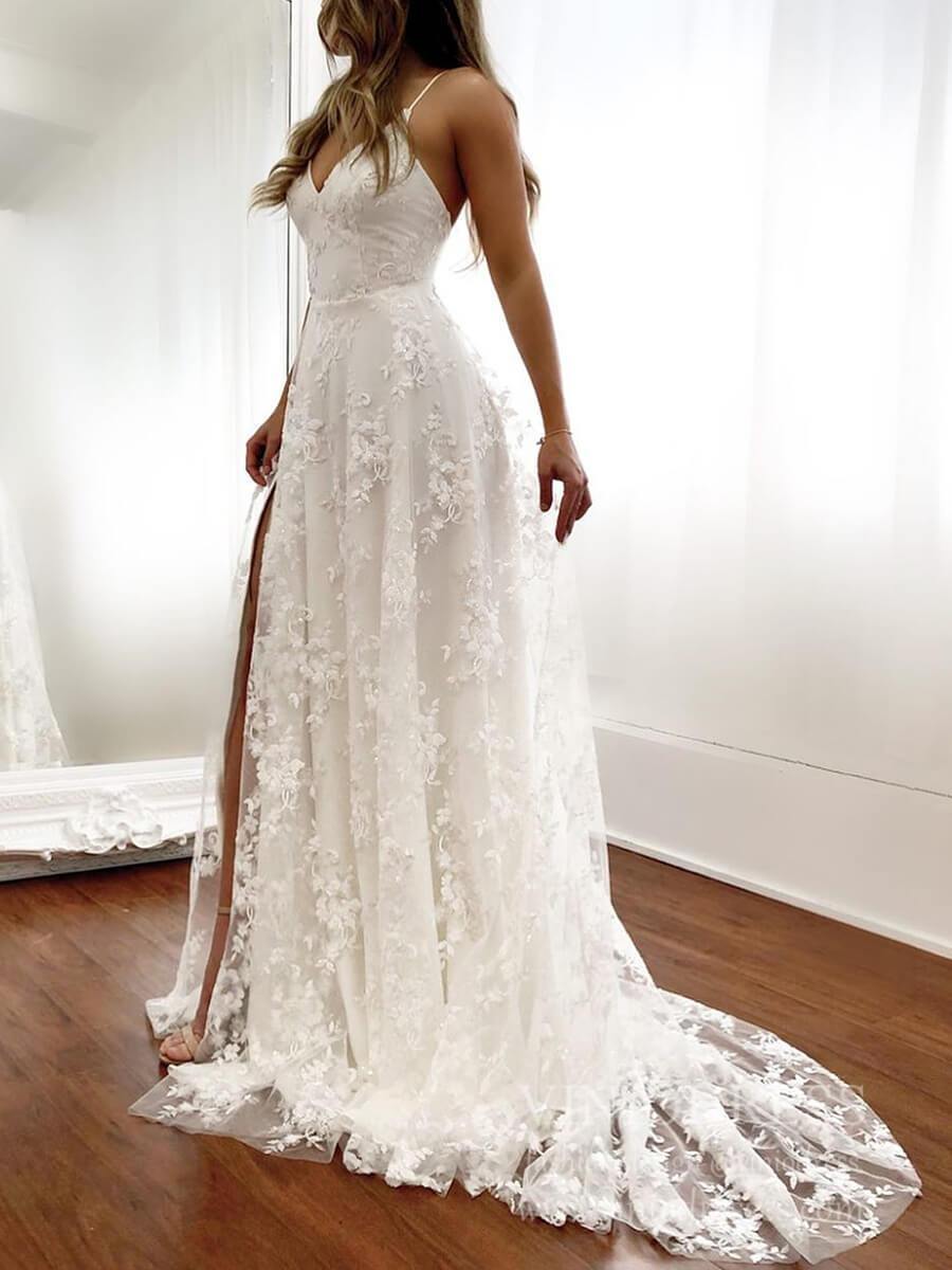Spaghetti Strap Bohemian Lace Beach Wedding Dresses with Slit VW1467-wedding dresses-Viniodress-Ivory-Custom Size-Viniodress