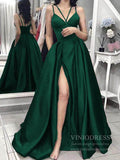 Spaghetti Strap Hunter Green Satin Prom Dresses with Slit FD1405