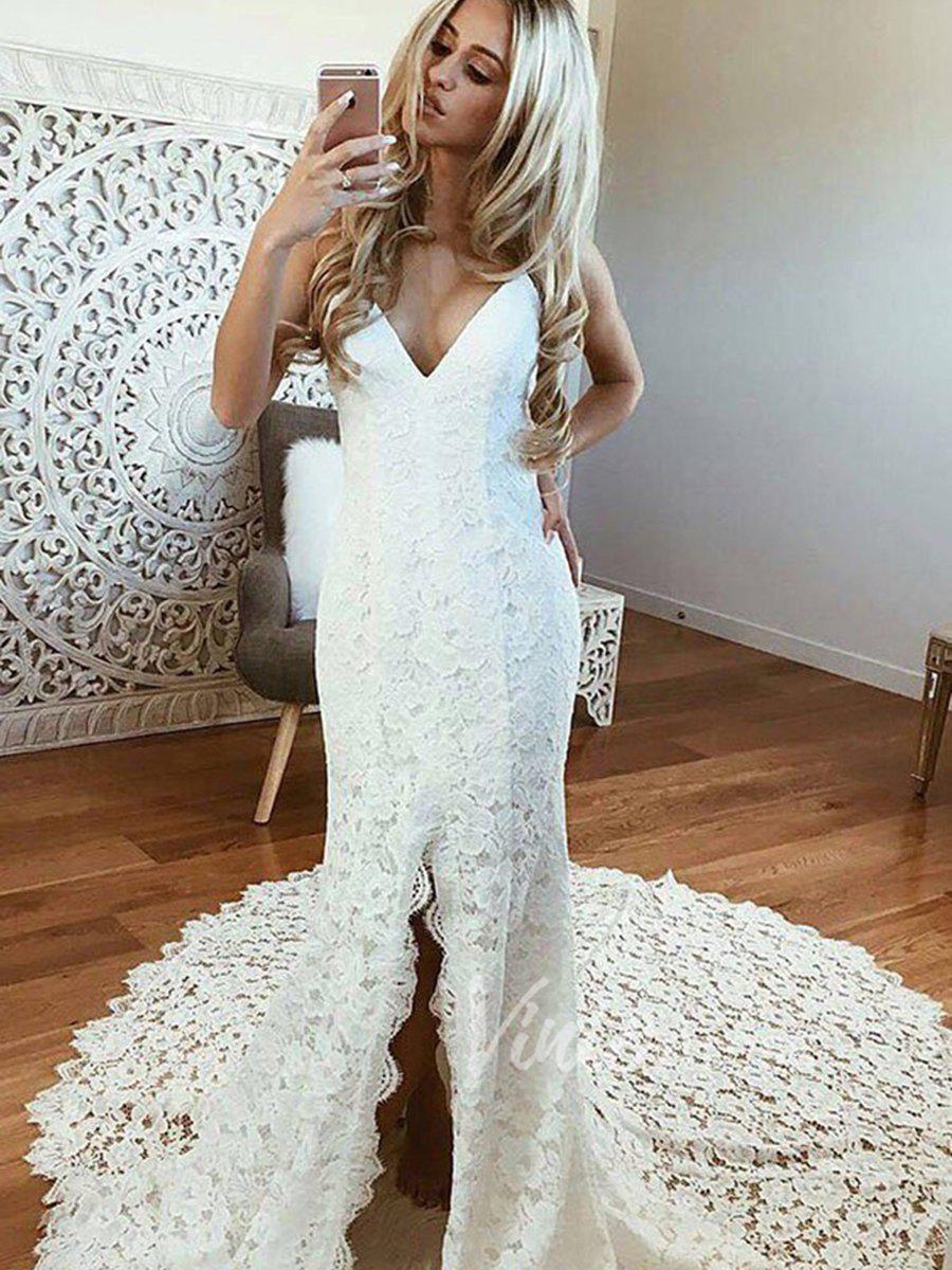 Spaghetti Strap Lace Boho Wedding Dresses with Slit VW1228-wedding dresses-Viniodress-Ivory-Custom Size-Viniodress