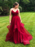 Spaghetti Strap Layered Prom Dresses Dark Red Formal Dress FD1017