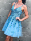 Spaghetti Strap Light Blue Lace Homecoming Dresses Open Back Hoco Dress SD1238