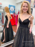 Spaghetti Strap Long Black Dot Prom Dresses with Pockets FD2521