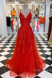 Spaghetti Strap Red Prom Dresses Lace Appliqued Tulle Formal Dress FD2124