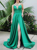 Spaghetti Strap Simple Emerald Green Satin Prom Dresses with Slit FD1557
