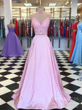Spaghetti Strap Two Piece Pink Satin Prom Dresses Lace Bodice FD2125