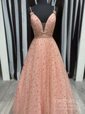 Spaghetti Strap V-neck Blush Pink Starry Prom Dress FD2532
