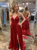 Spaghetti Strap V-neck Red Sequin Prom Dresses Glittering Evening Dress FD2037