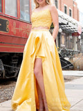 Spaghetti Strap Yellow 2 Piece Prom Dresses with Pockets Side Slit Satin Prom Gown FD2108