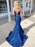 Sparkly Classic Blue Mermaid Prom Dresses Two Piece Spaghetti Strap Formal Dress FD2040