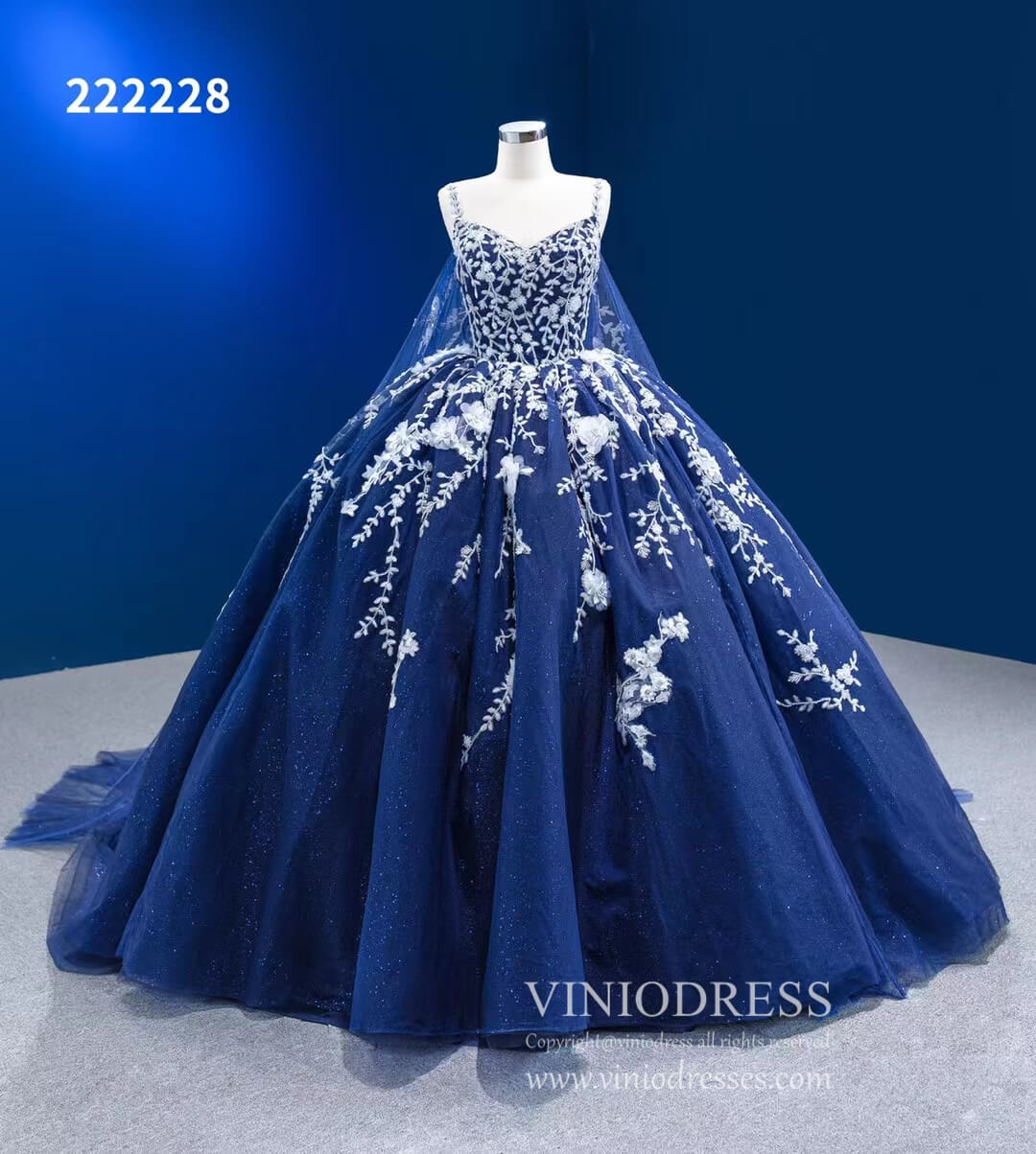 Sparkly Dark Blue Ball Gowns with Cape Debutante Princess Dresses 2222 – Viniodress