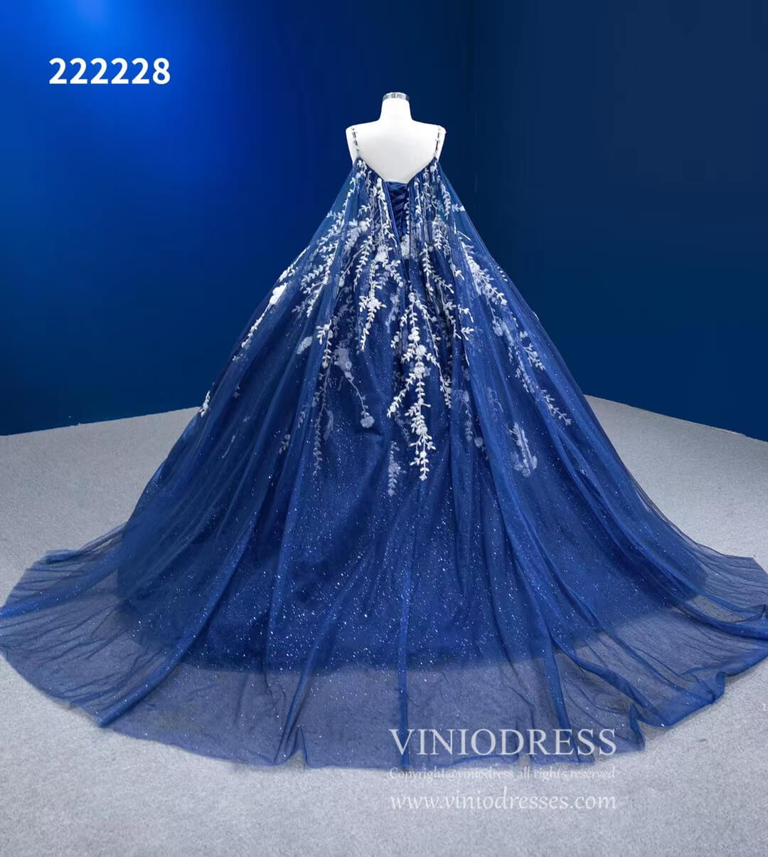 Sparkly Dark Blue Ball Gowns with Cape Debutante Princess Dresses 2222 – Viniodress