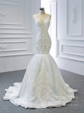 Sparkly Lace Mermaid Wedding Dresses V-neck Vintage Bridal Dress VW1770