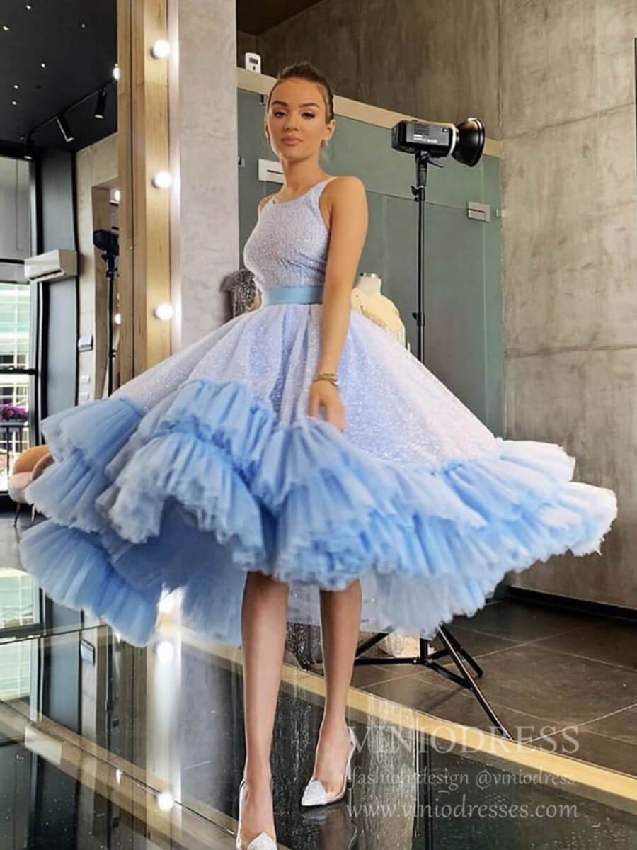 Sparkly Light Blue High Low Prom Dresses Layered Tulle Long Homecoming Dress SD1342-prom dresses-Viniodress-Light Blue-Custom Size-Viniodress