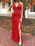 Sparkly Red Sequin Prom Dresses Sheath V Neck Crisscross Strap Evening Dress FD2028