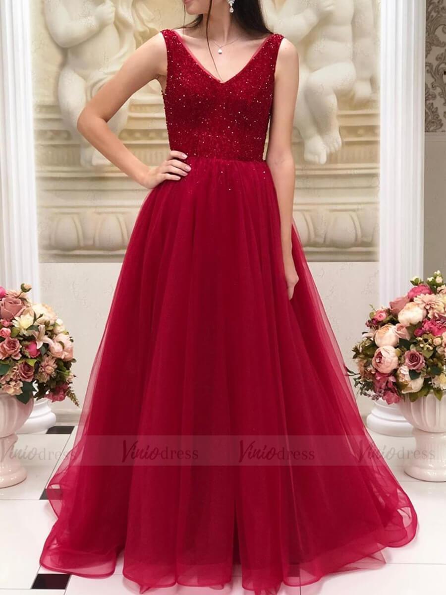 Sparkly Red V Neck Long Prom Dresses Simple Military Ball Gowns FD1656-prom dresses-Viniodress-Red-Custom Size-Viniodress