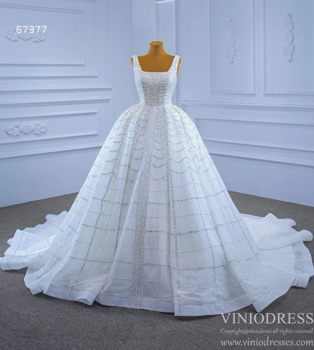 Square Neck Beaded Luxury Wedding Dresses vestido de novia 67377-wedding dresses 2025 -Viniodress-Ivory-Custom Size-