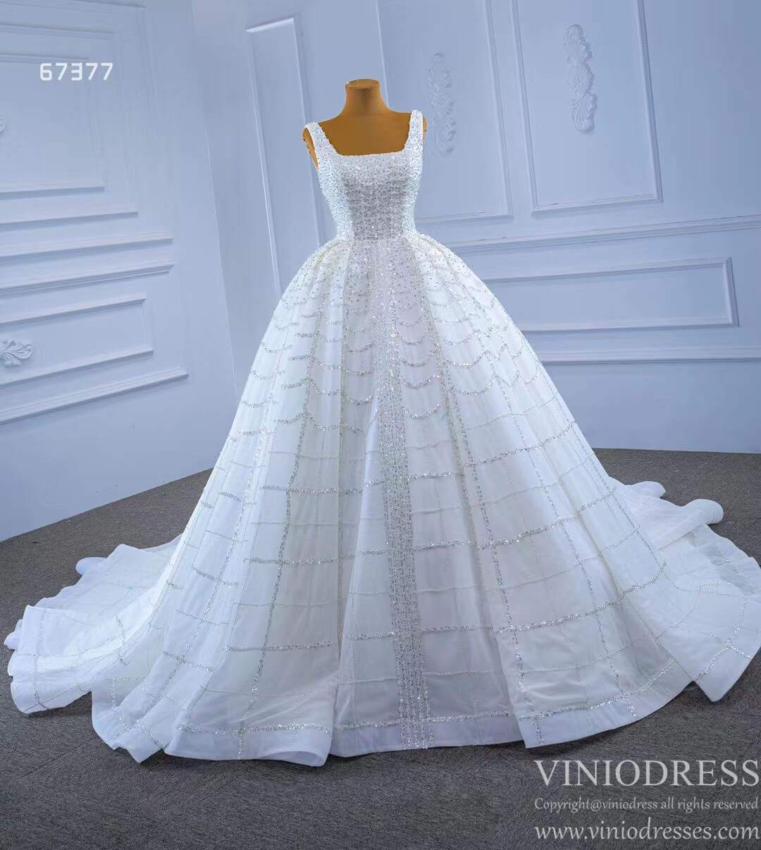 Square Neck Beaded Luxury Wedding Dresses vestido de novia 67377-wedding dresses 2025 -Viniodress-Ivory-Custom Size-