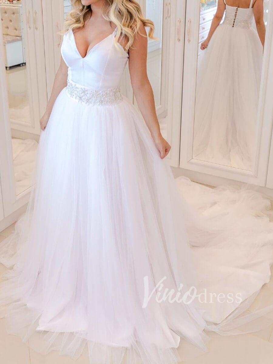 Stark White V Neck Wedding Dresses with Long Train VW1244-wedding dresses-Viniodress-White-Custom Size-Viniodress