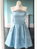 Strapless Beaded Light Blue Homecoming Dresses with Pockets SD1215