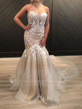 Strapless Champagne Mermaid Wedding Dresses with Long Train VW1004