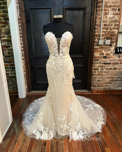 Strapless Lace Mermaid Wedding Dresses Country Bridal Gown VW2187-wedding dresses 2025 -Viniodress-Ivory-Custom Size-