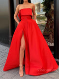<transcy>Vestidos de fiesta de satén rojo sin tirantes con bolsillos Vestido formal simple FD2276</transcy>
