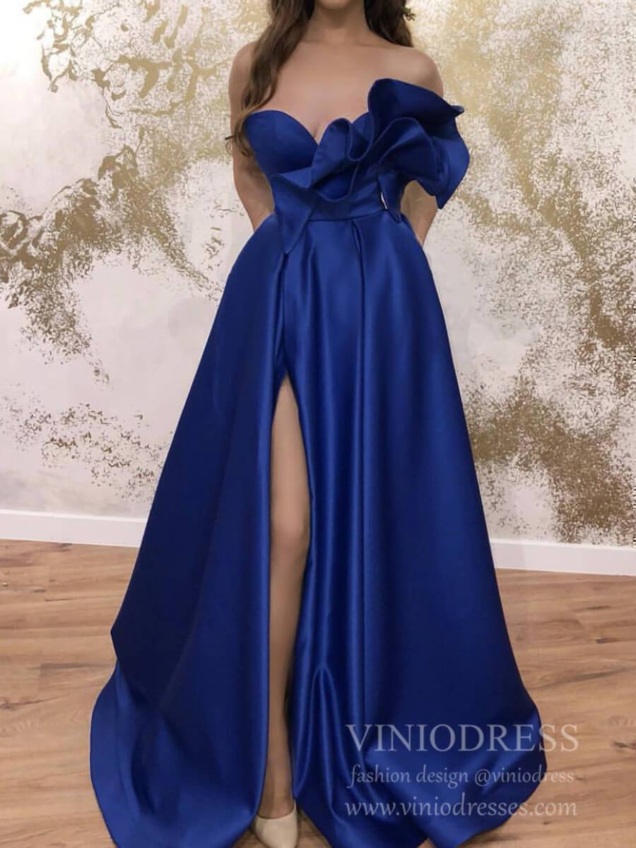 Strapless Royal Blue Satin Prom Dresses with Slit & Pockets FD1806 ...
