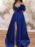 Strapless Royal Blue Satin Prom Dresses with Slit & Pockets FD1806
