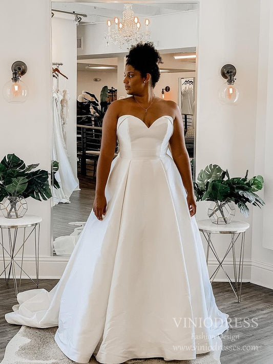 Strapless Sweetheart Satin Wedding Dress | Simple Bridal Gown with Pockets, Lace-Appliquéd Back & Chapel Train VW1844-wedding dresses 2025 -Viniodress-Ivory-Custom Size-