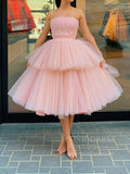 Strapless Tea Length Blush Pink Prom Dresses Layered Tulle Hoco Dress SD1241B