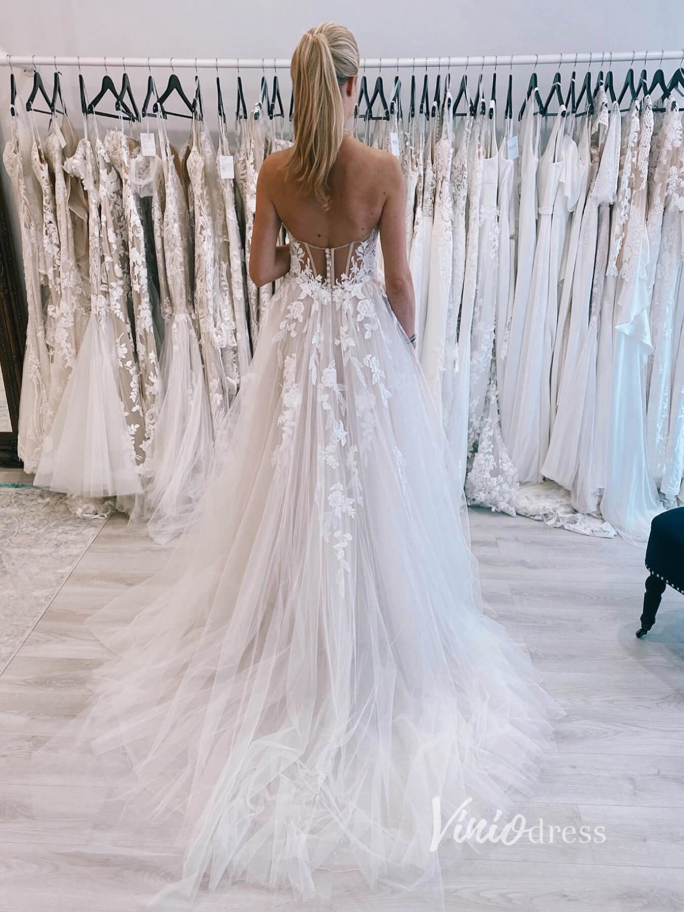 Strapless Tulle Wedding Dresses Lace Appliqued A-line Modern Bridal Gown VW2135-wedding dresses 2025 -Viniodress-Champagne-Custom Size-