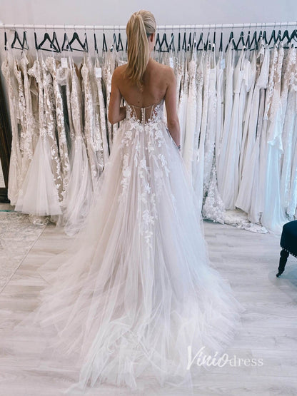 Strapless Tulle Wedding Dresses Lace Appliqued A-line Modern Bridal Gown VW2135-wedding dresses 2025 -Viniodress-Champagne-Custom Size-