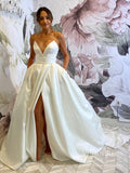 Strapless V-neck Satin Wedding Dresses with Side Slit & Pockets VW1858