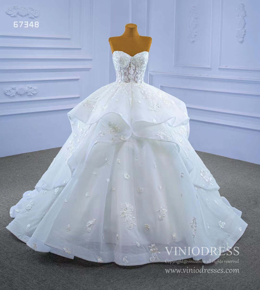 Strapless Wedding Gown Lace Appliqued Tiered Wedding Dresses 67348-wedding dresses 2025 -Viniodress-Ivory-Custom Size-