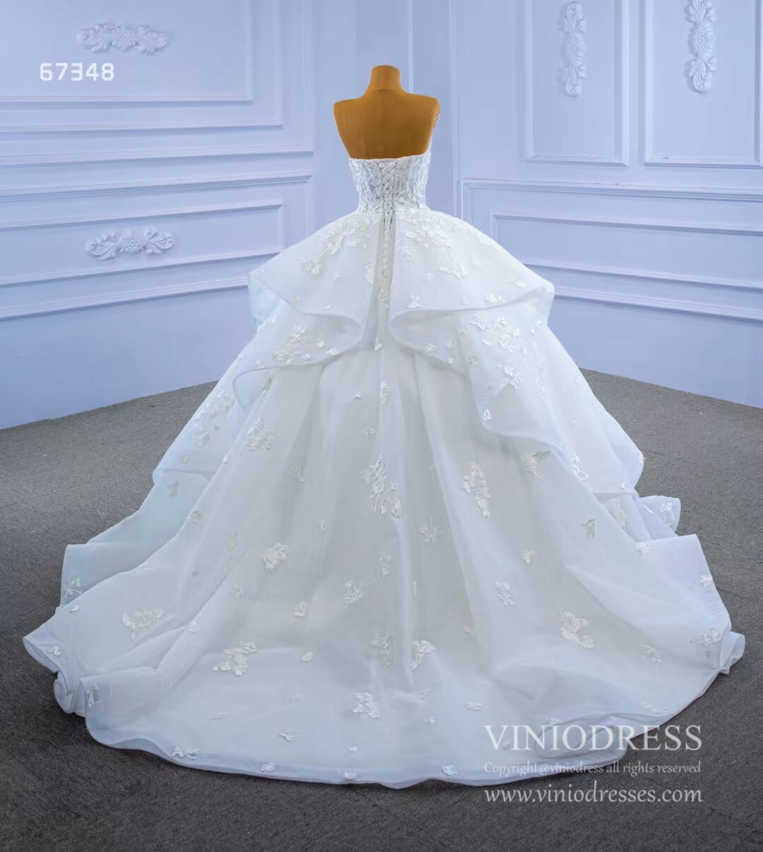 Strapless Wedding Gown Lace Appliqued Tiered Wedding Dresses 67348-wedding dresses 2025 -Viniodress-Ivory-Custom Size-