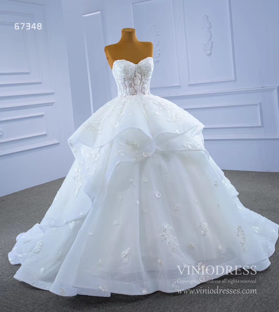 Strapless Wedding Gown Lace Appliqued Tiered Wedding Dresses 67348-wedding dresses 2025 -Viniodress-Ivory-Custom Size-