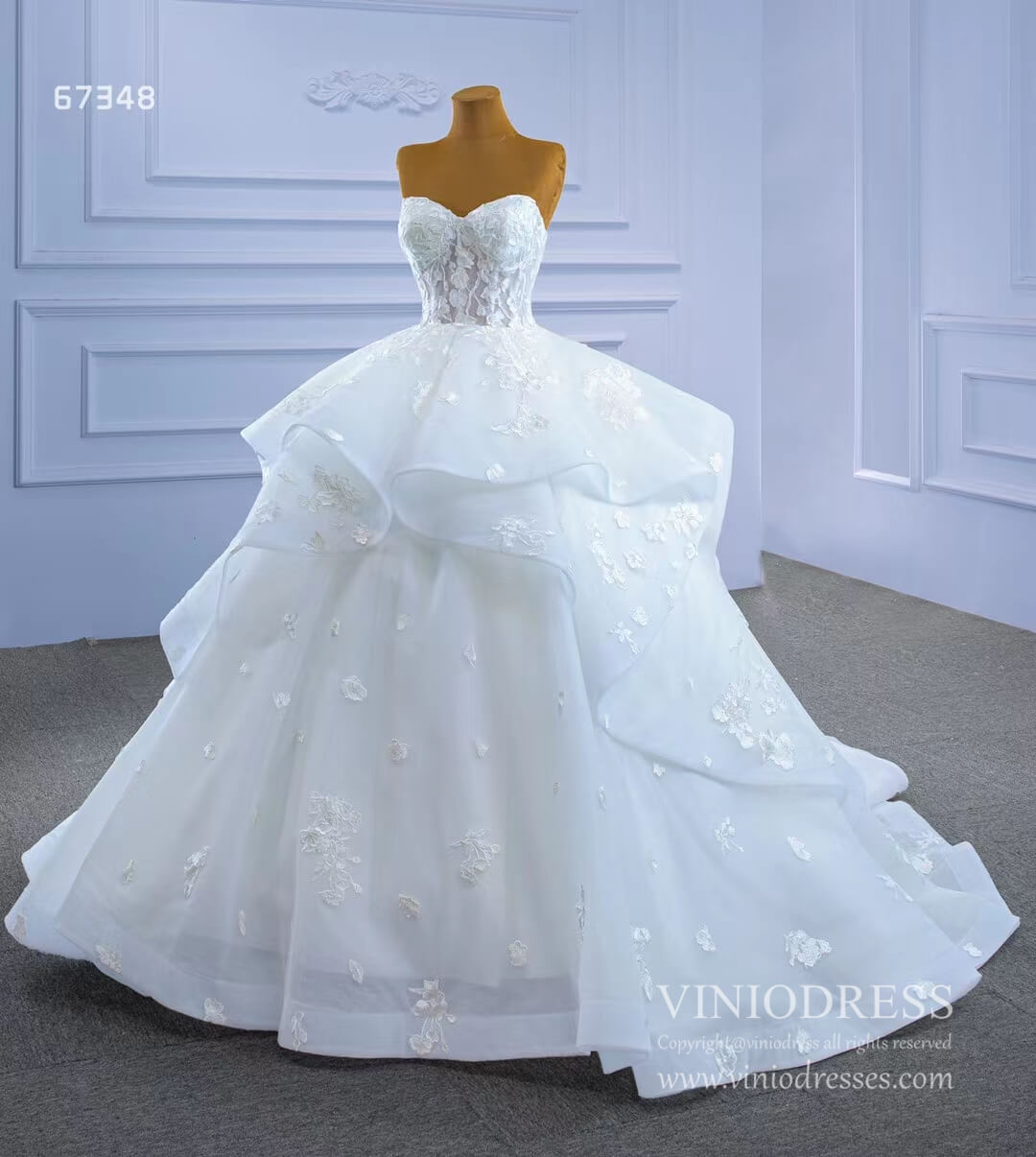 Strapless Wedding Gown Lace Appliqued Tiered Wedding Dresses 67348-wedding dresses 2025 -Viniodress-Ivory-Custom Size-