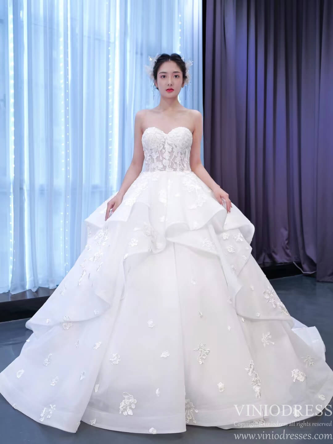 Strapless Wedding Gown Lace Appliqued Tiered Wedding Dresses 67348-wedding dresses 2025 -Viniodress-Ivory-Custom Size-