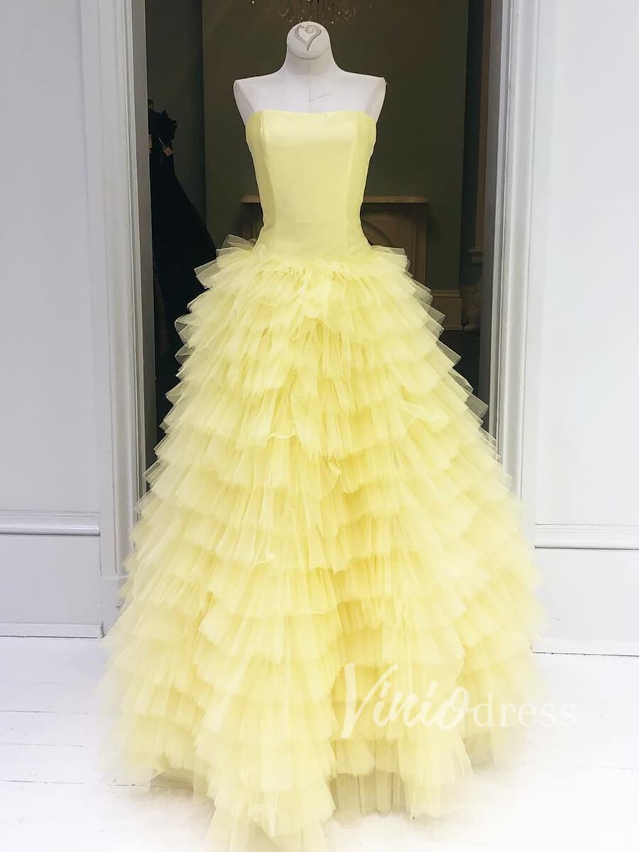 Strapless Yellow Prom Dresses with Tiered Skirt FD1496-prom dresses-Viniodress-Yellow-Custom Size-Viniodress